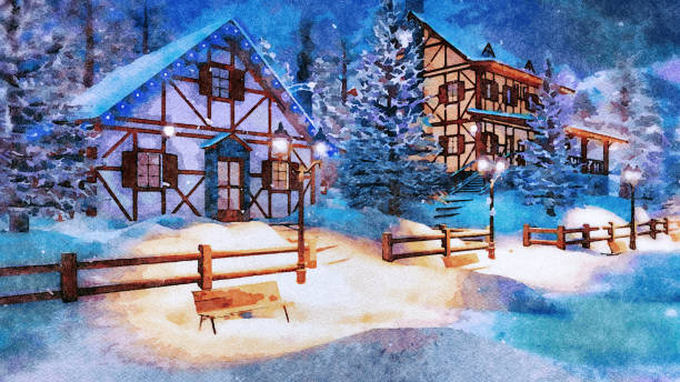 istock Mountain village at snowy winter night watercolor 1083664036