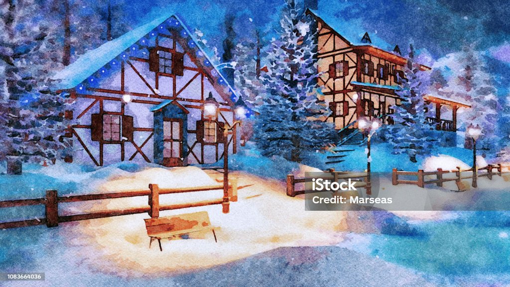Mountain Village At Snowy Winter Night Watercolor Stock Illustration -  Download Image Now - Christmas, Painting - Activity, Winter - iStock