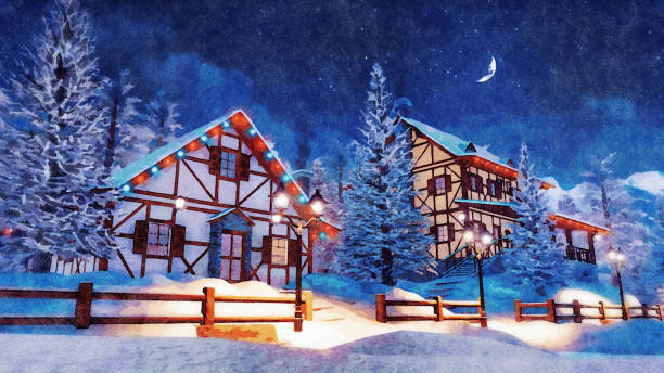 istock Snowbound alpine town at winter night watercolor 1083664332