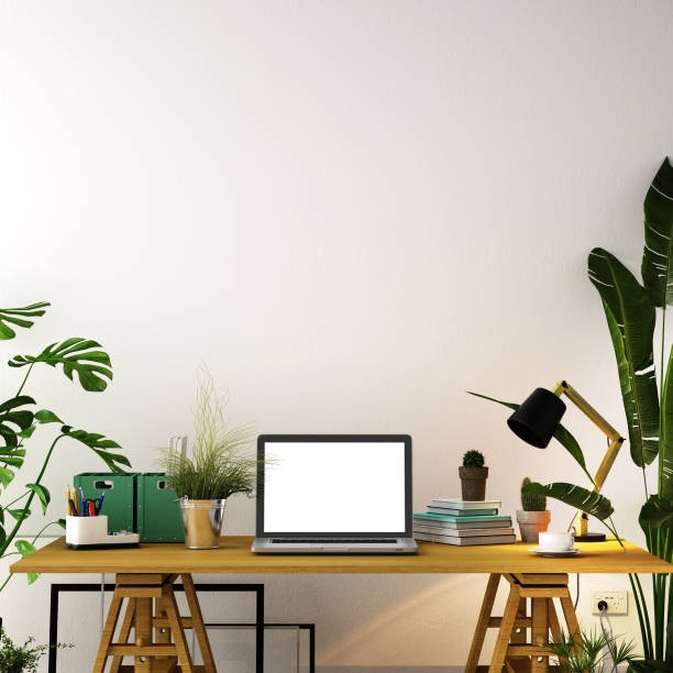 istock interior design for working area with Destop computer screen on white top desk,working space,working background ,interior of working room , concrete background,3d illustration,3d rendering 1083664558