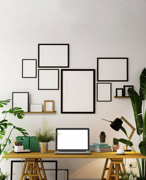 istock interior design for working area with Destop computer screen on white top desk,working space,working background ,interior of working room , concrete background,3d illustration,3d rendering 1083665044