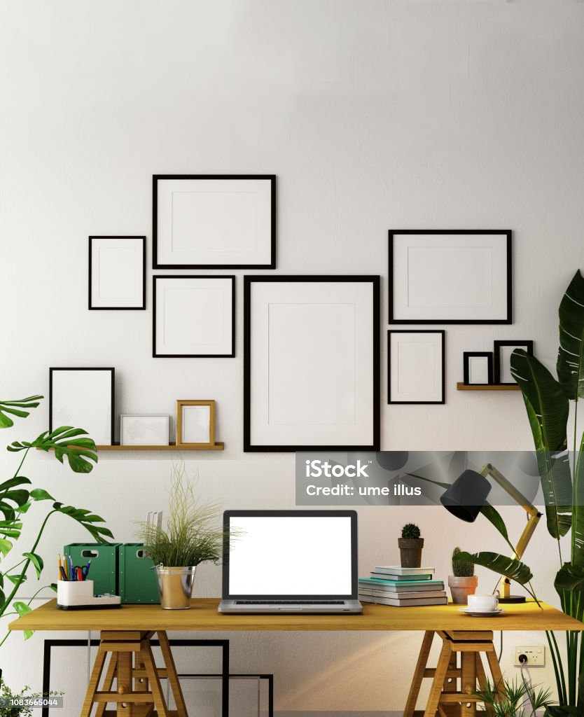 Interior Design For Working Area With Destop Computer Screen On White ...