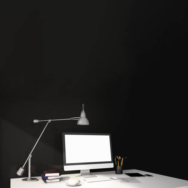 istock interior design for working area with Destop computer screen on white top desk,working space,working background ,interior of working room , concrete background,3d illustration,3d rendering 1083666270