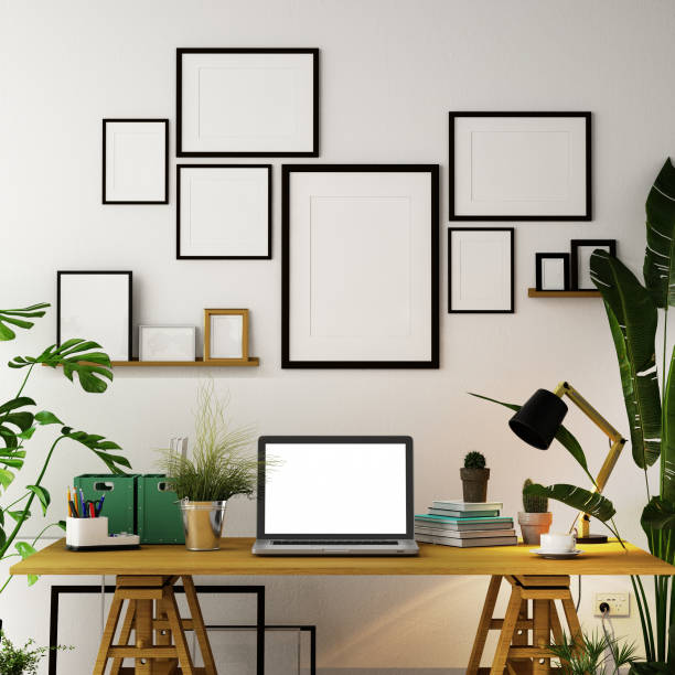 istock interior design for working area with Destop computer screen on white top desk,working space,working background ,interior of working room , concrete background,3d illustration,3d rendering 1083666328