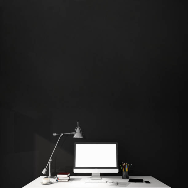 istock interior design for working area with Destop computer screen on white top desk,working space,working background ,interior of working room , concrete background,3d illustration,3d rendering 1083666432
