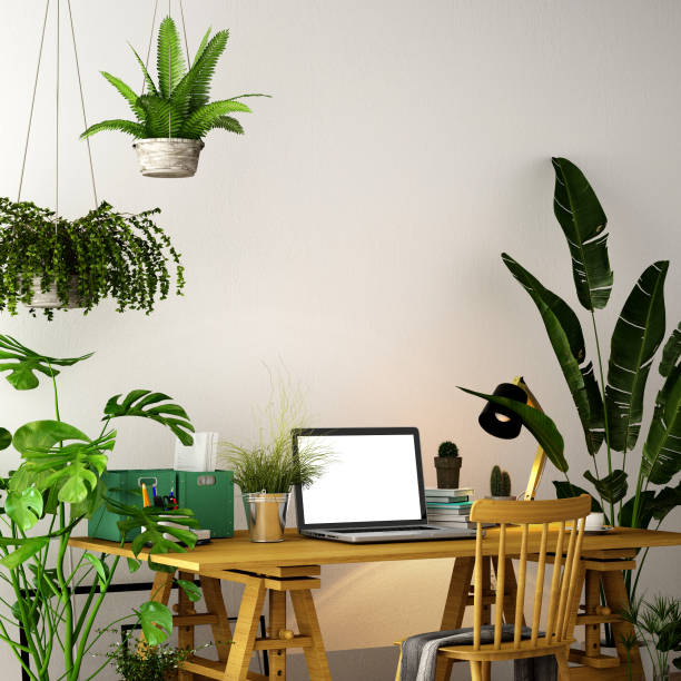 istock interior design for working area with Destop computer screen on white top desk,working space,working background ,interior of working room , concrete background,3d illustration,3d rendering 1083666534