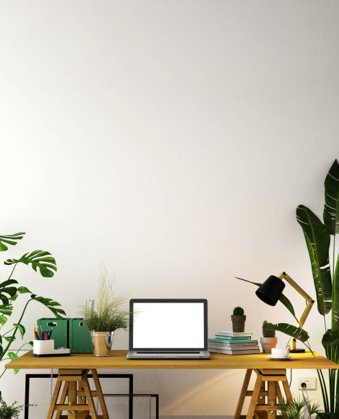 istock interior design for working area with Destop computer screen on white top desk,working space,working background ,interior of working room , concrete background,3d illustration,3d rendering 1083666578