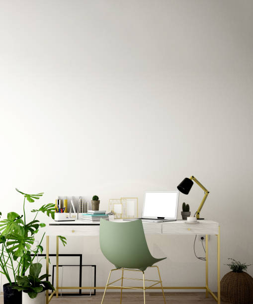 istock interior design for working area with Destop computer screen on white top desk,working space,working background ,interior of working room , concrete background,3d illustration,3d rendering 1083666788