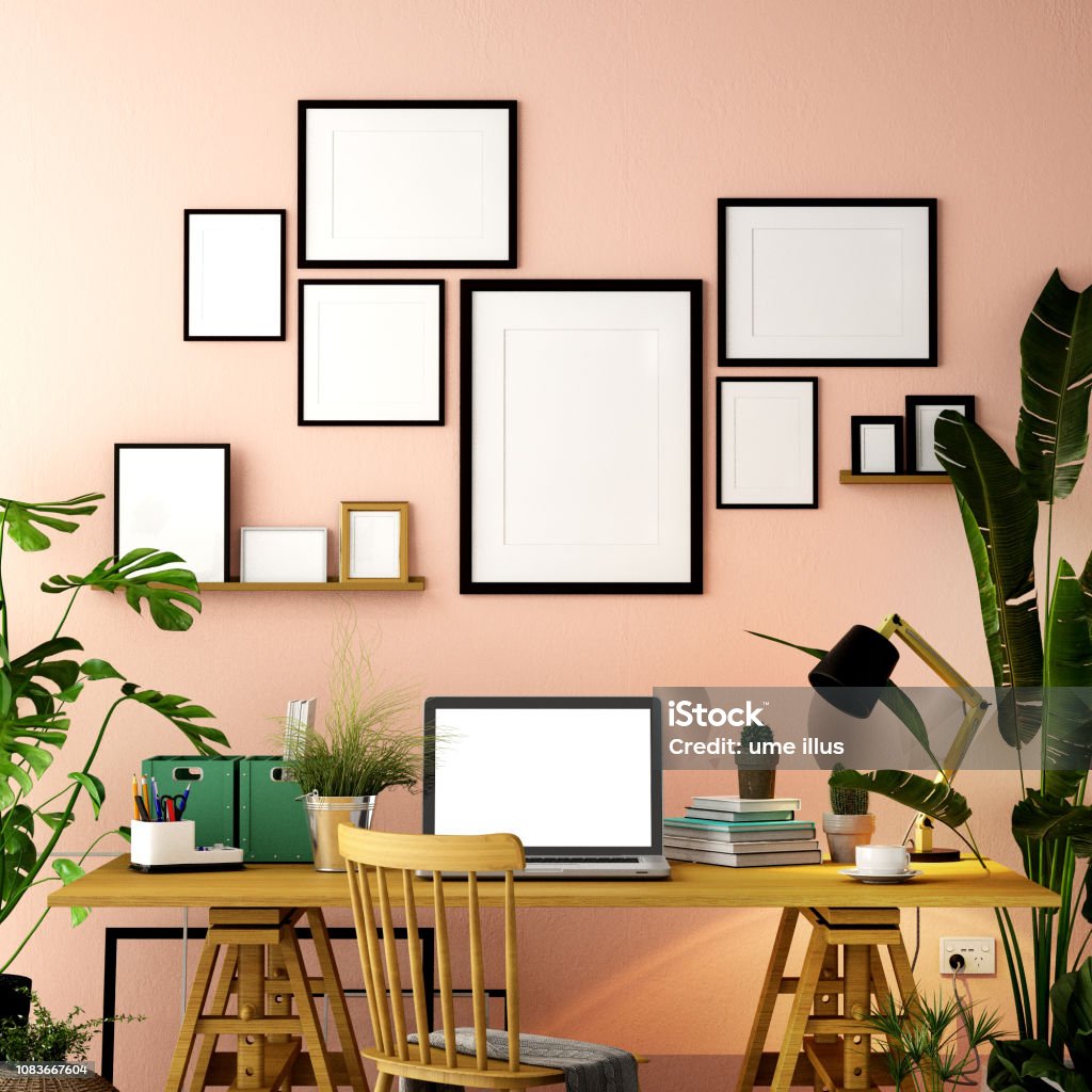 Interior Design For Working Area With Destop Computer Screen On White ...