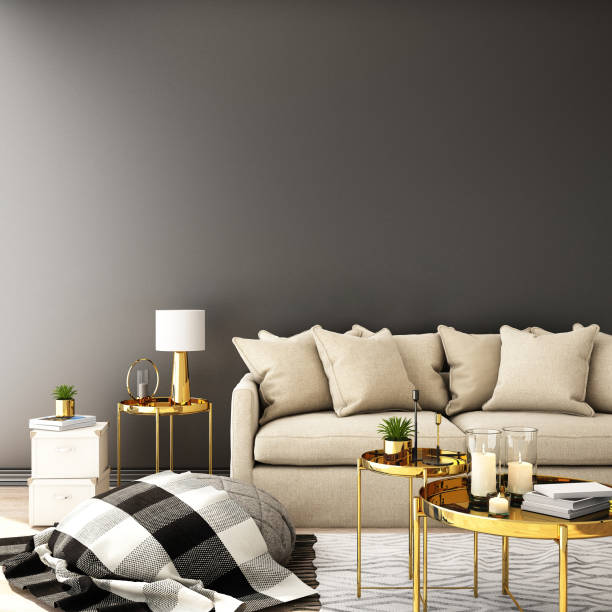istock interior design for living area or reception with sofa,plant,sidetable,props on wood floor and white and black in Scandinavian style background  / 3d illustration,3d rendering 1083672362