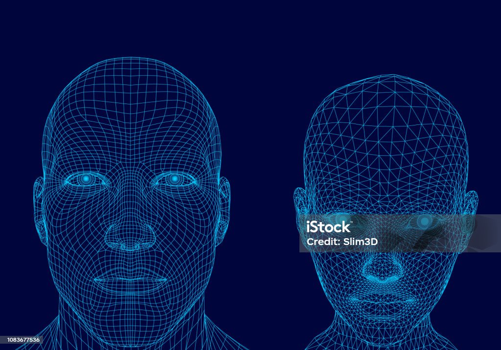 Polygonal head of a man and girl Polygonal head of man and girl. Wireframe head human. 3D. Dark blue background. Vector illustration. Human Face stock vector