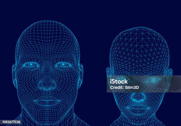 Polygonal Head Of A Man And Girl Stock Illustration - Download Image Now - Human Face, Hologram, Grid Pattern