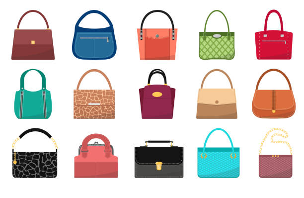 ilustraciones, imágenes clip art, dibujos animados e iconos de stock de conjunto de bolsas de mujer aislado sobre fondo blanco - briefcase luggage brown black