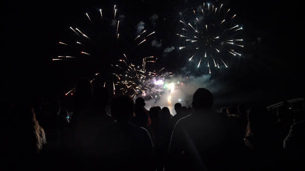 istock New year concept - cheering crowd and fireworks 1083678702