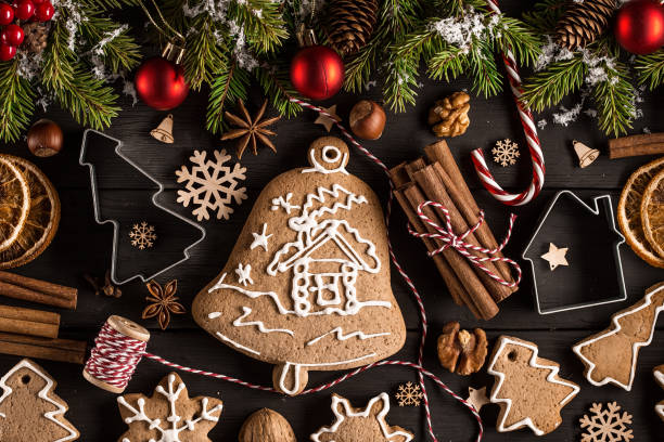 istock Christmas still life with traditional gingerbread cookies on woo 1083678818