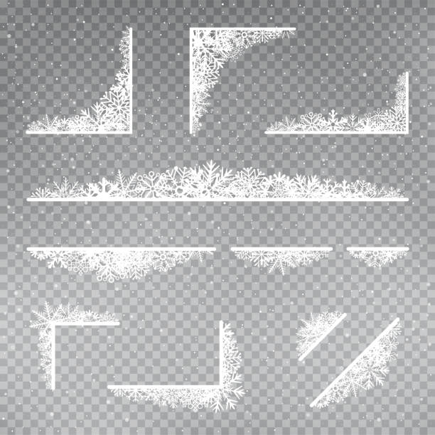 snowflakes frame corner template set Snowflakes rectangular frame corner template set on gray transparent background. Christmas holiday ice ornament banner snow and ice stock illustrations