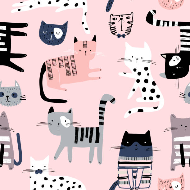 illustrazioni stock, clip art, cartoni animati e icone di tendenza di motivo senza cuciture con simpatici gattini colorati. texture rosa infantile creativa. ottimo per tessuto, illustrazione vettoriale tessile - alla moda illustrazioni