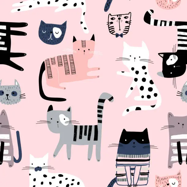 Vector illustration of Seamless pattern with cute colorful Kittens. Creative childish pink texture. Great for fabric, textile Vector Illustration
