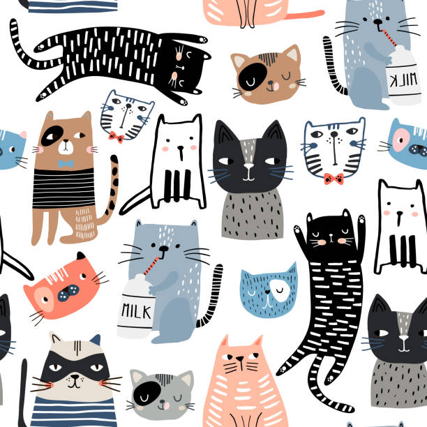 pola mulus dengan kucing yang digambar tangan lucu dan botol susu yang berbeda. tekstur kekanak-kanakan kreatif. bagus untuk kain, ilustrasi vektor tekstil - kucing ilustrasi stok