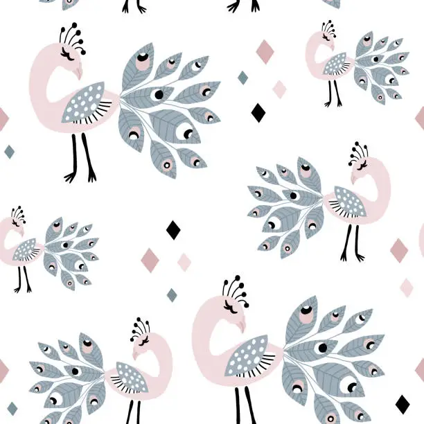 Vector illustration of Seamless pattern with peacoks. Creative childish texture. Great for fabric, textile Vector Illustration