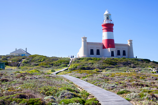 Lighthouse on Cape Agulhas in Southern Africa on blue sky background