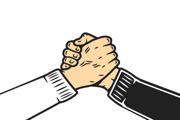 Soul brother handshake, thumb clasp handshake or homie handshake, cartoon style on isolated white background Soul brother cartoon handshake or homie handshake arm wrestling stock illustrations
