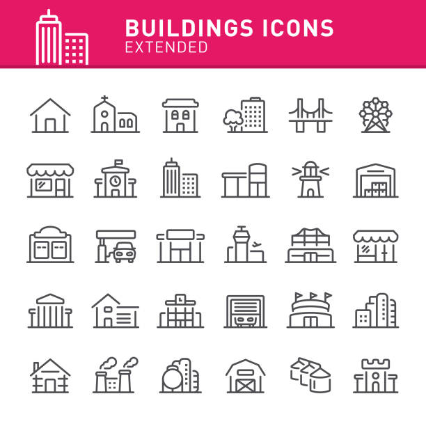 Buildings Icons Building, real estate, icon, icon set, architecture, house, stadium civic center park stock illustrations