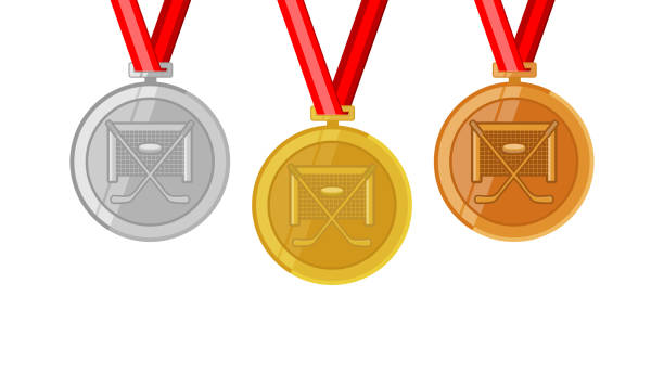 hokej na lodzie kompletne shinny medale ustawić złoty siver i brąz w stylu płaskim - medal ice hockey success gold stock illustrations