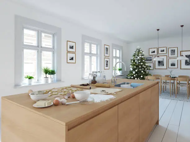 Photo of modern nordic kitchen in loft apartment. 3D rendering