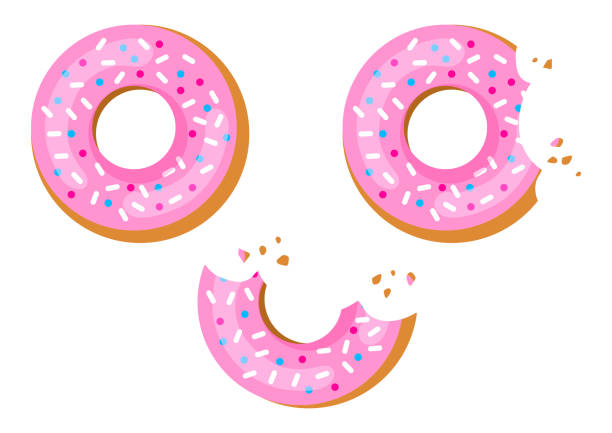 stockillustraties, clipart, cartoons en iconen met set van zoete donuts met roze glazuur, gebeten donut. bekijk van bovenaf. vectorillustratie - bistrosetje van boven