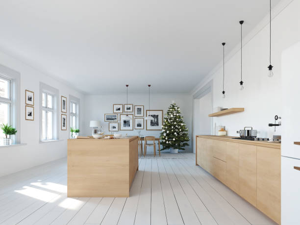 istock modern nordic kitchen in loft apartment. 3D rendering 1083697702