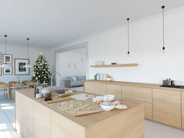 istock modern nordic kitchen in loft apartment. 3D rendering 1083697706