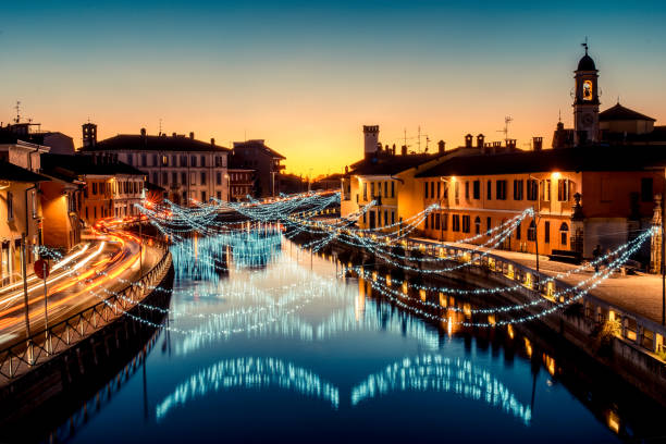 Christmas lights at Navigli Milano Italy - winter xmas time stock photo