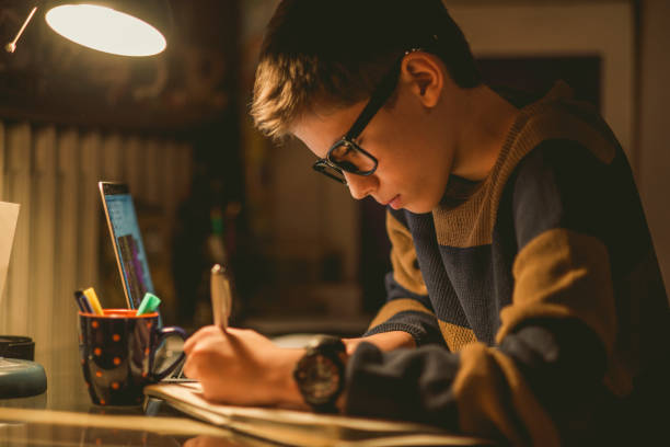 young teenager studying at home stock photo