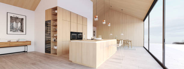 neue moderne skandinavische loftwohnung. 3d-rendering - wohnzimmermöbel holz stock-fotos und bilder