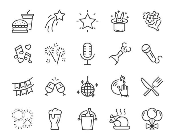 set of celebration icons, such as gift, christmas, party, champagne, event, birthday set of celebration icons, such as gift, christmas, party, champagne, event, birthday happ stock illustrations