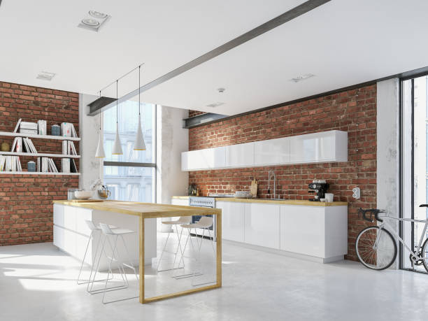 Apartamento loft moderno de la ciudad. Render 3D - foto de stock