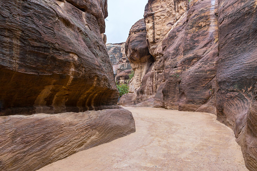 Al-Siq - canyon leading through red-rock walls to Petra - the capital of the Nabatean kingdom in Wadi Musa city in Jordan