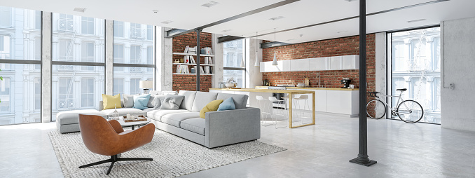 3d rendering. loft apartment with living room and kitchen.