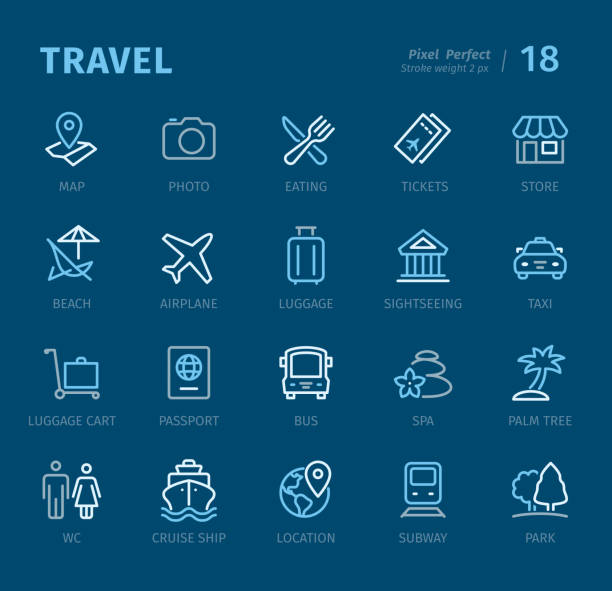 Travel destinations - Outline icons with captions Travel destinations - 20 three-color outline icons with captions / Pixel Perfect Set #18 / Icons are designed in 48x48pх square, outline stroke 2px.

First row of outline icons contains:
Map, Photo, Eating, Tickets, Store;

Second row contains:
Beach, Airplane, Luggage, Sightseeing, Taxi;

Third row contains:
Luggage Cart, Passport, Bus, Spa, Palm Tree;

Fourth row contains:
WC, Cruise Ship, Location, Subway, Park.

Complete Captico icons collection - https://www.istockphoto.com/collaboration/boards/L98ewPMHpUStg1uF0pmcYg cruise ship cruise passport map stock illustrations