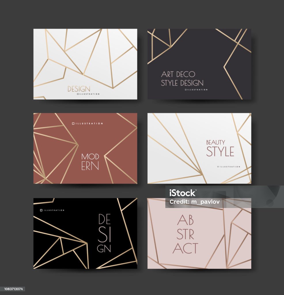A series of designs with gold lines on a white, pink and dark background in art deco style. Wedding or fashionable style. Vector A series of designs with gold lines on a white, pink and dark background in art deco style. Wedding or fashionable style. Vector illustration Pattern stock vector