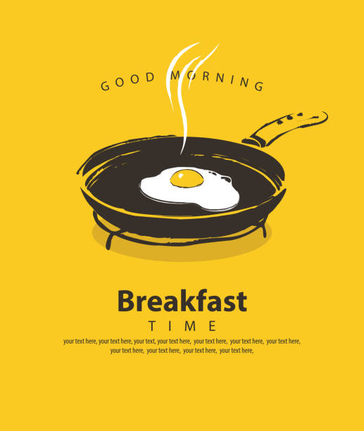 bildbanksillustrationer, clip art samt tecknat material och ikoner med banner för frukost med stekt ägg på stekpanna - breakfast