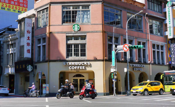 Taipei, Taiwan -  Nov. 30, 2018 -  Popular three story Starbucks in downtown Taipei. The store is always busy with many local customers.
