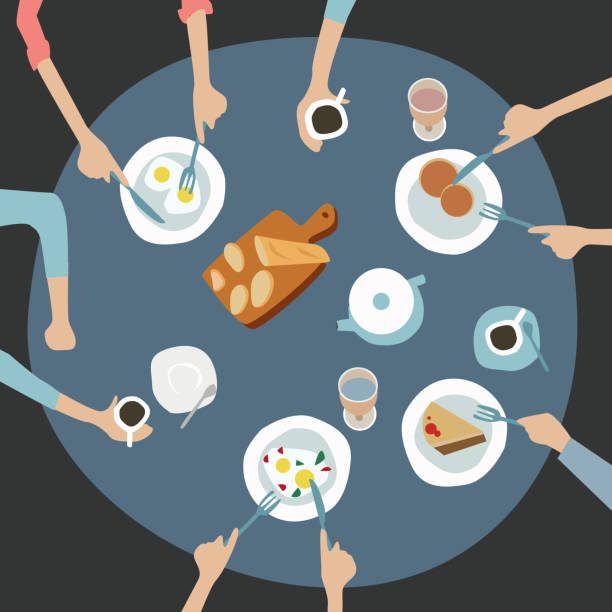 Family dinner top view illustration. Dinner table background. Vector flat illustration catering party with people hands and a table of dishes from the menu, top view eating breakfast stock illustrations