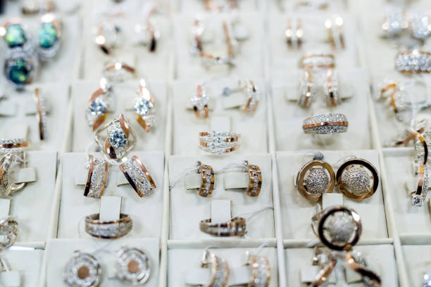 istock Selective focus on golden jewellery on showcase 1083724256