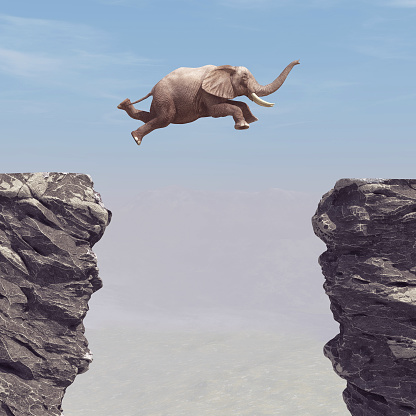 An elephant jumping over a chasm. This is a 3d render illustration