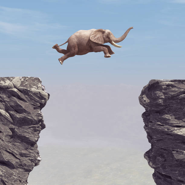 An elephant jumping over a chasm. This is a 3d render illustration stock photo