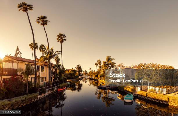 Venice In Los Angeles Canals At Sunset Stock Photo - Download Image Now - California, City Of Los Angeles, Riverbank