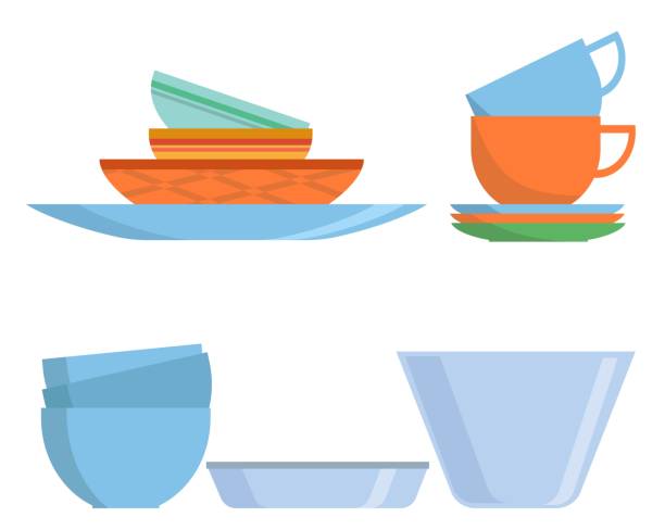 在平面樣式的炊具設置圖示。五顏六色的菜肴隔離在白色背景上。廚房家用餐具、杯子和陶瓷板。餐具和陶器。向量例證 - 茶碟 幅插畫檔、美工圖案、卡通及圖標