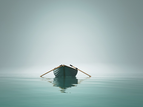 A boat on the lake in the morning. This is a 3d render illustration